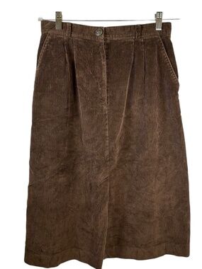 Vintage Samantha Scott Brown Corduroy Midi Skirt 14 100% Cotton Pleated Front